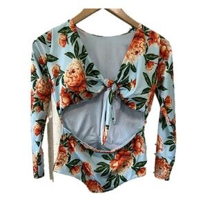 Mistica NWT Floral One Piece Padded Front Tie Long Sleeve Open Tummy Swimsuit S